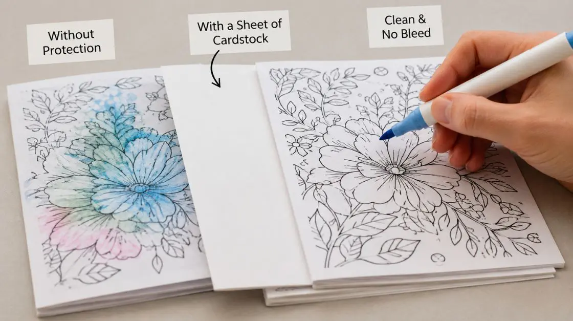 Blank paper barrier preventing marker bleed on a printed coloring page.