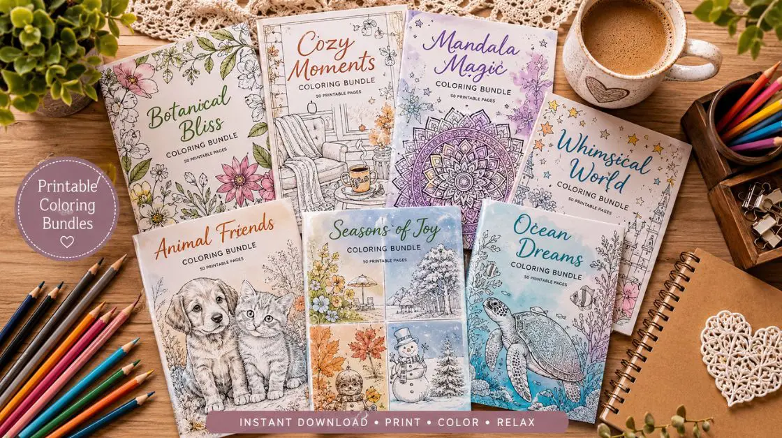 A well-organized printable bundle looks — and prints — like this: cohesive theme, crisp linework, and pages ready to grab and color. printable coloring bundle, printable coloring bundle quality, printable coloring pages vs coloring books