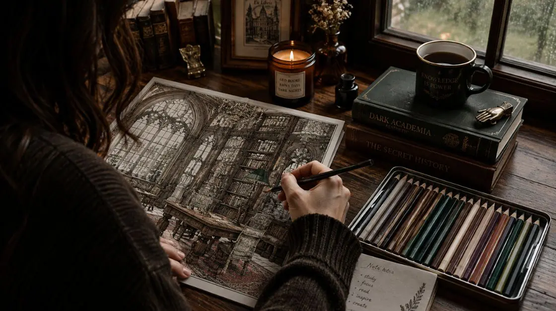 Adult coloring a dark academia design at a wooden desk near natural light