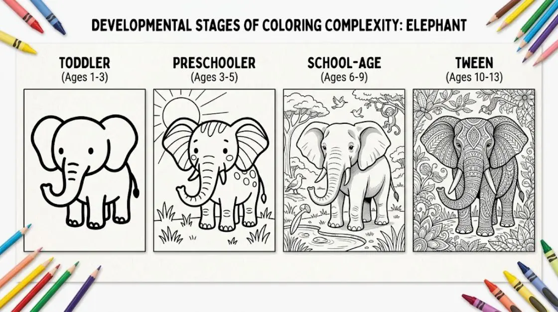 Age appropriate coloring pages showing the same elephant design at four complexity levels, from bold toddler outlines to intricate tween linework