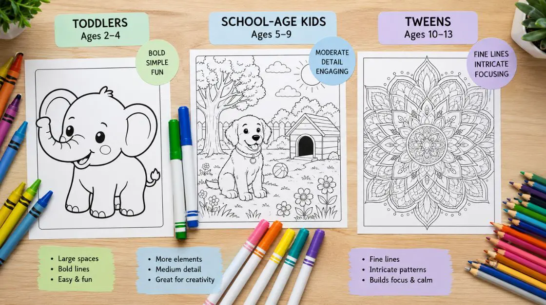 Age-based activity guidance showing coloring pages of different complexity levels for toddlers, preschoolers, school-age kids, and tweens