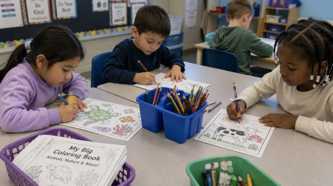 Classroom students using mixed coloring pages bundle for different skill levels