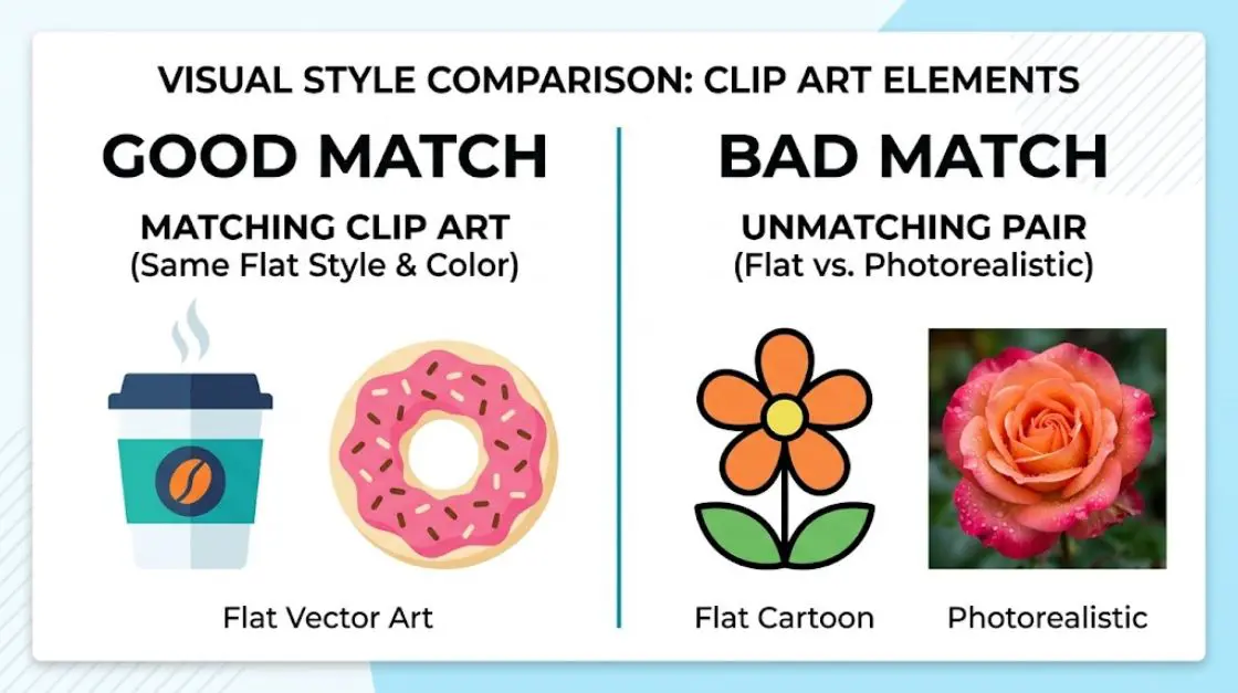Comparison of matching versus mismatched clip art styles for composition