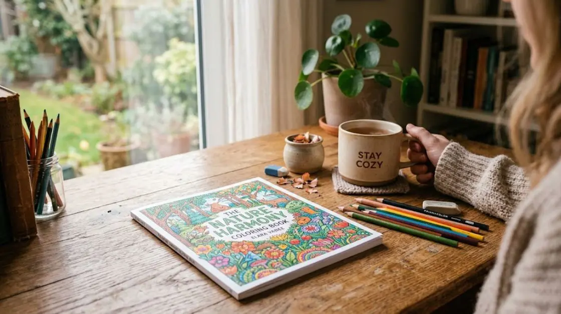 Cozy coloring setup inviting readers to start their mixed or themed coloring pages collection