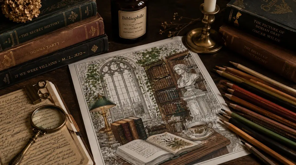 Dark academia aesthetic flat lay with vintage books and candlelight props