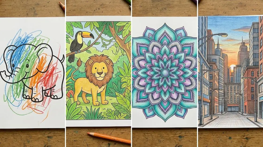 Examples of completed developmental coloring activities for toddlers, school-age kids, and tweens, showing increasing color control and detail