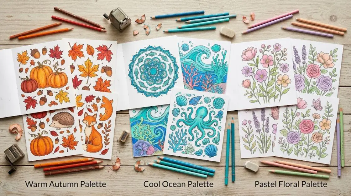 Finished coloring pages showing different palette moods for themed and mixed bundles