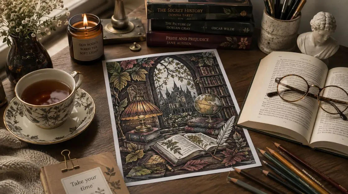 Finished dark academia artwork displayed on a cozy candlelit study desk