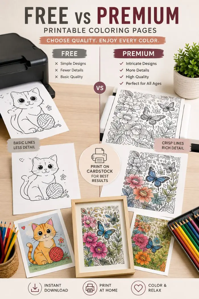 Free vs paid coloring pages comparison with printable coloring pages, premium bundle, printer, and colored pencils