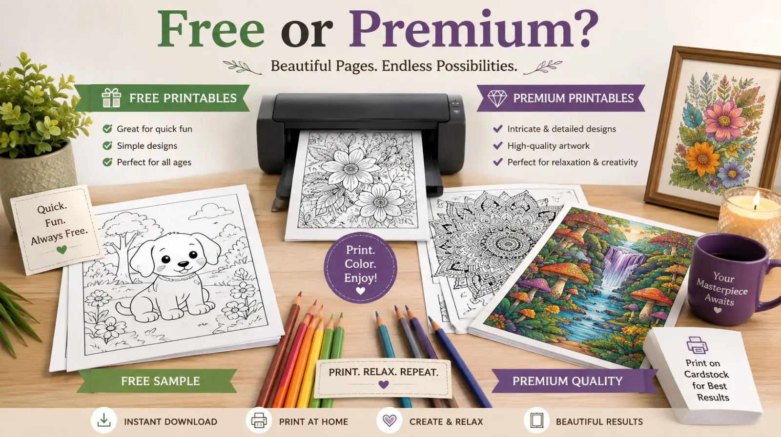 Free vs paid coloring pages comparison with printable coloring pages, premium bundle, printer, and colored pencils