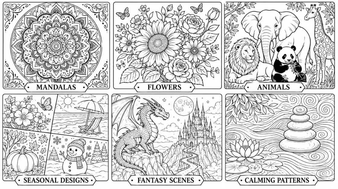 Free vs paid coloring pages featuring mandala, floral, animal, seasonal, fantasy, and stress relief printable coloring pages