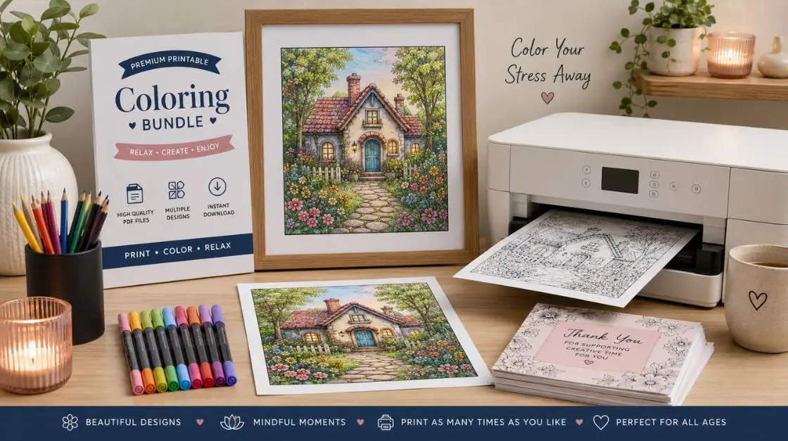 Free vs paid coloring pages with finished printable artwork, premium coloring bundle, colored pencils, and printer