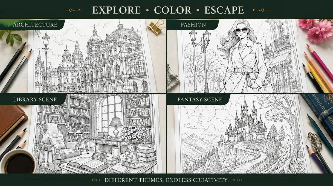 Grid of dark academia designs showing architecture, fashion, library, and fantasy categories