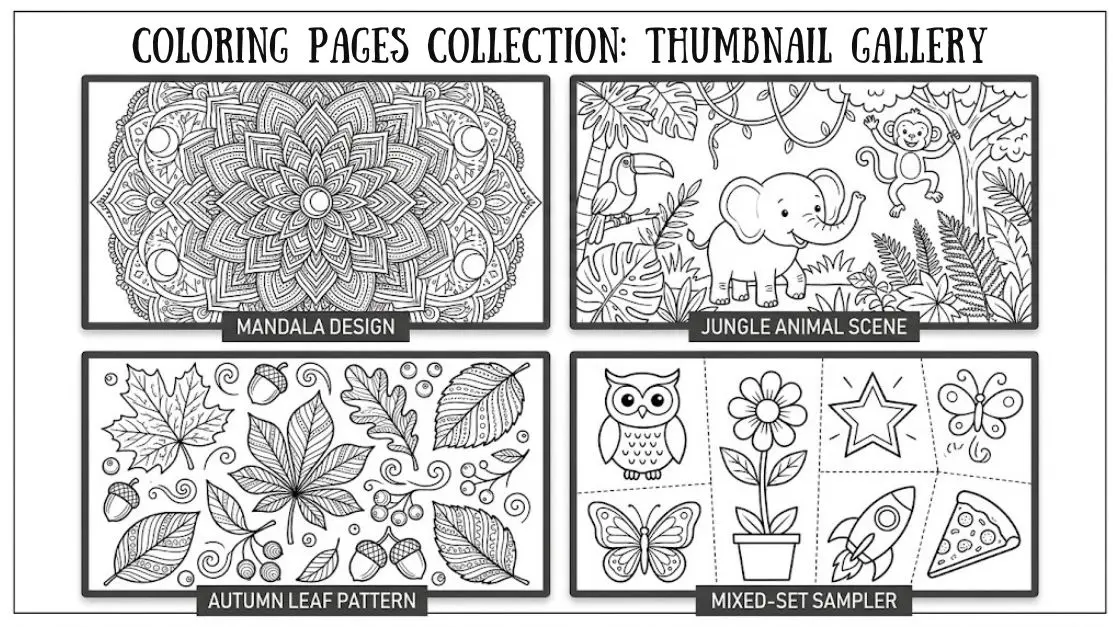 Grid of themed coloring page categories including mandala, animal, and seasonal designs