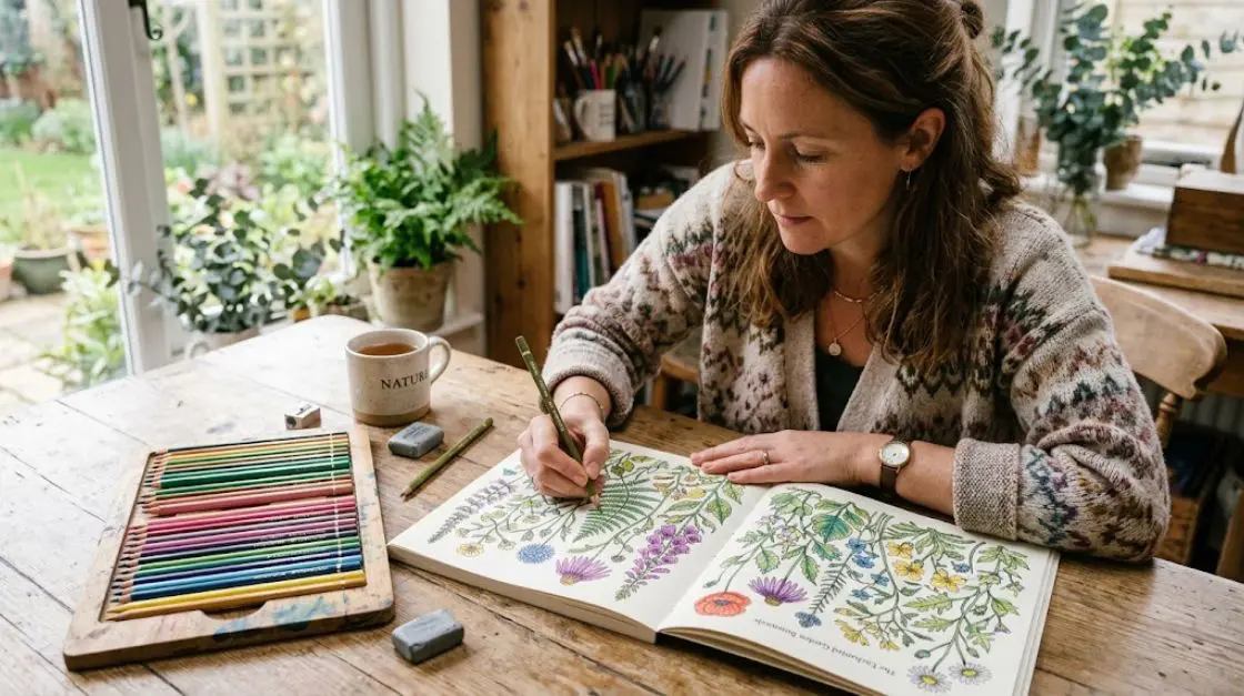 High-resolution printable coloring pages for adults being colored with pencils and a curated botanical palette