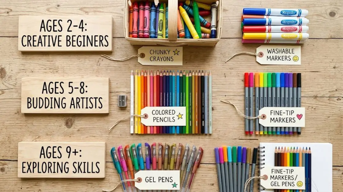 Recommended coloring tools by age, from chunky crayons for toddlers to fine-tip markers and gel pens for tweens