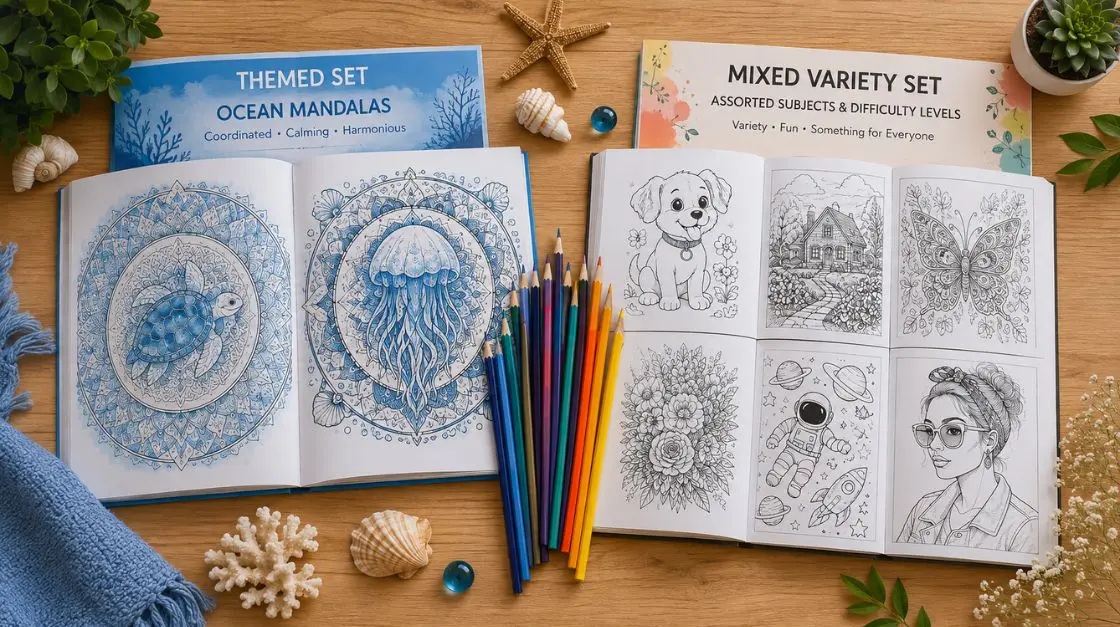 Themed vs mixed coloring pages bundles compared side by side on a wooden desk