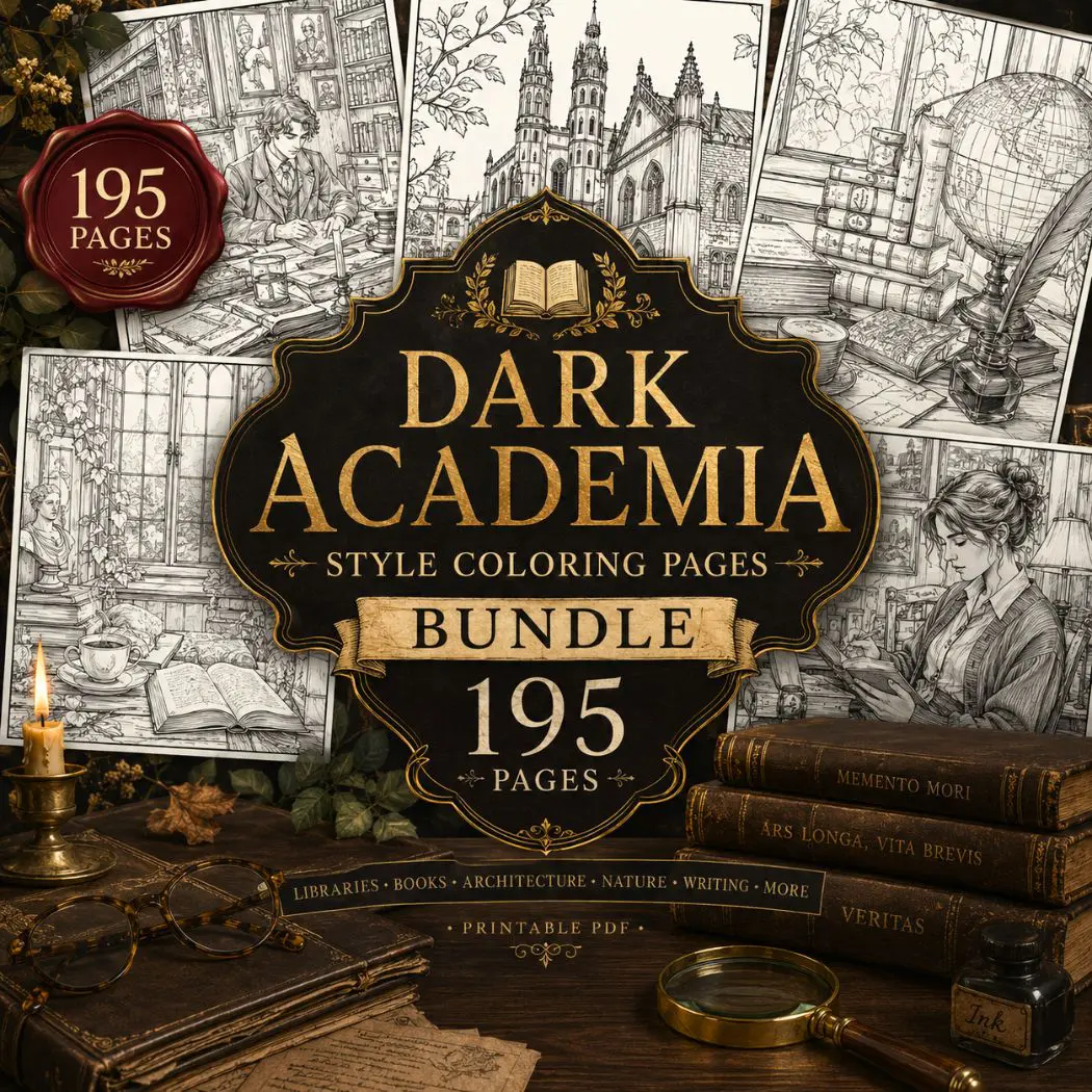 cover pageof dark academia coloring pagses bundle
