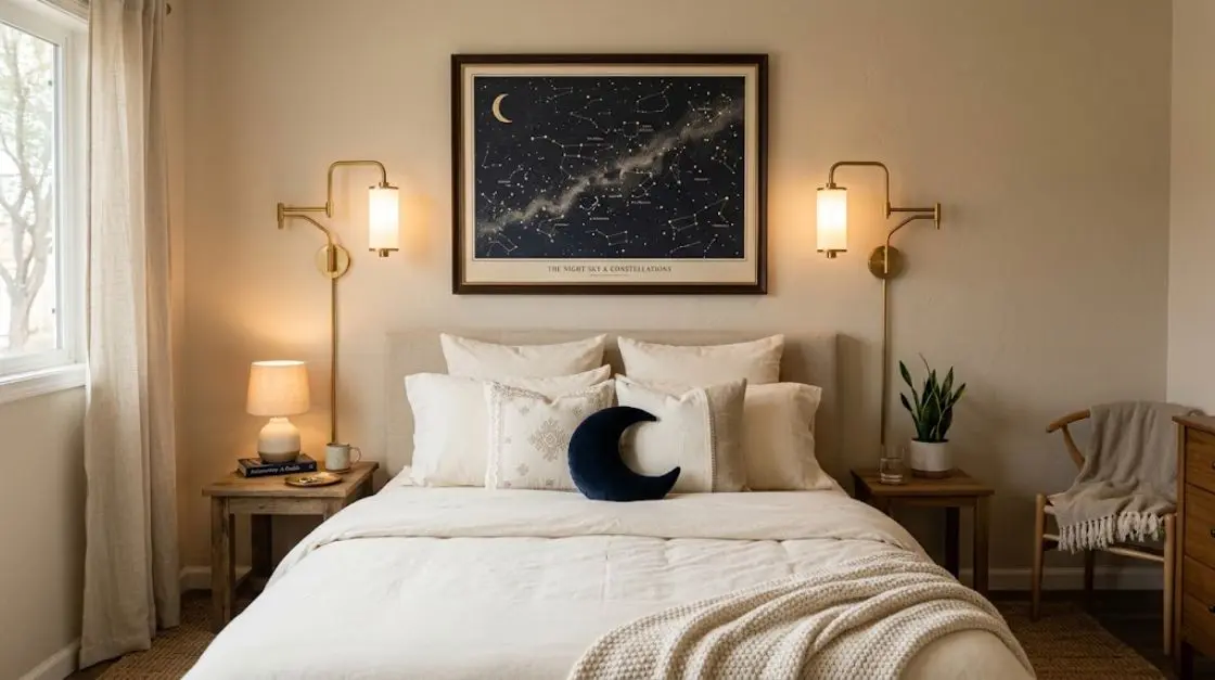 cozy aesthetic room ideas styled bedroom mockup with celestial printable wall art