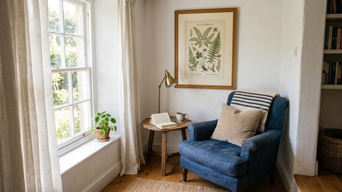 cozy decor ideas small spaces reading nook with framed printable wall art