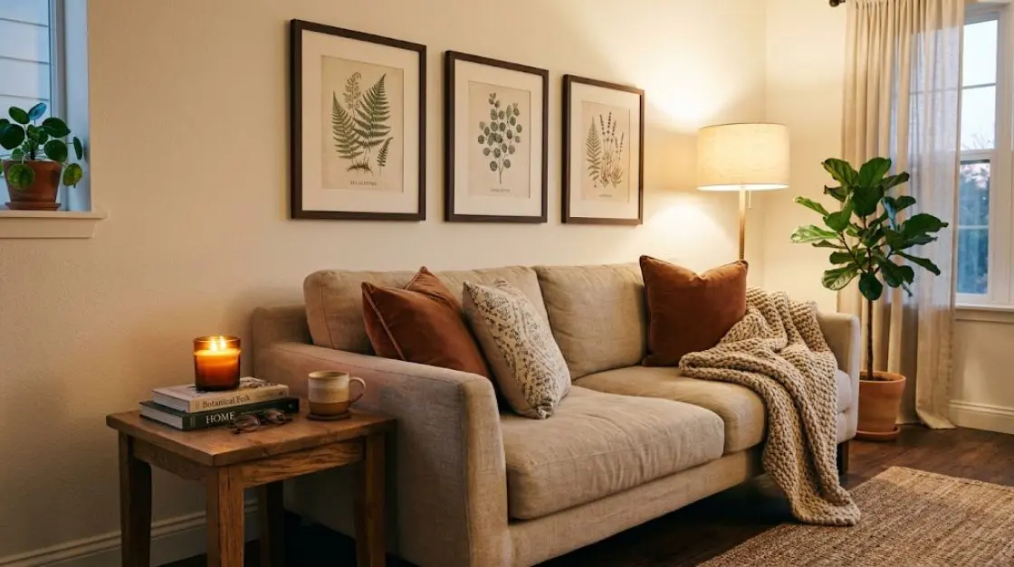 cozy room decor ideas featuring framed printable wall art above a linen sofa
