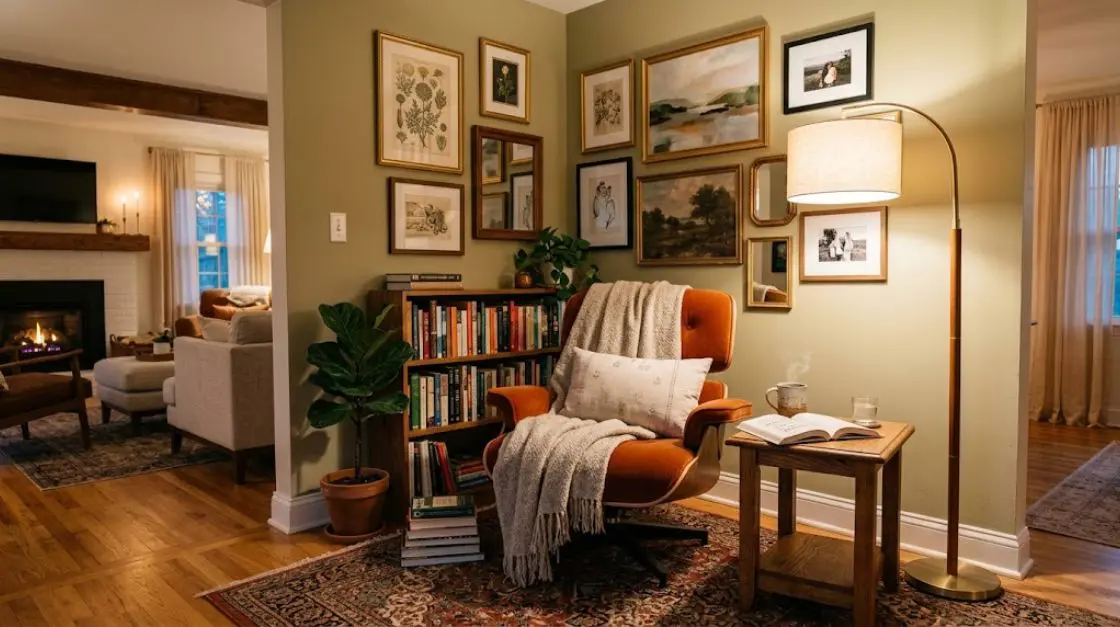 finished cozy room decor ideas with printable wall art, warm lighting, and reading nook