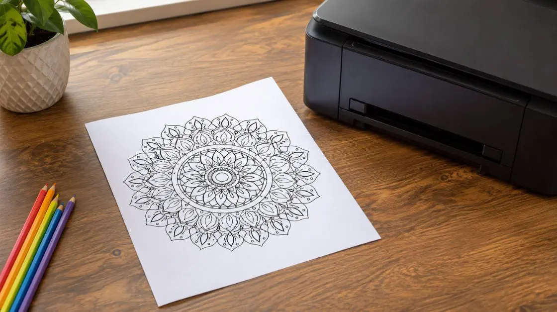 how to print coloring pages without smudging — crisp mandala page fresh off the printer