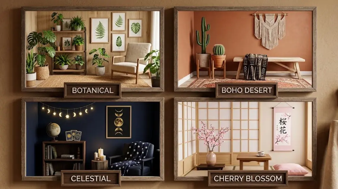 printable wall art styles for cozy room decor including botanical, boho, and celestial designs