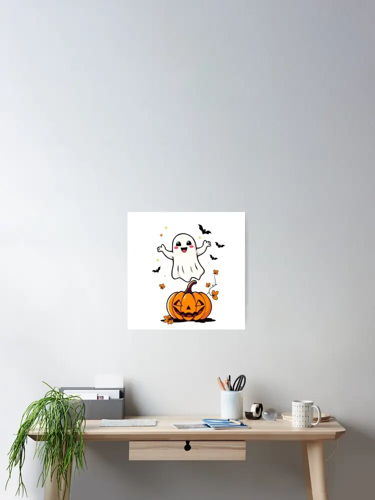 Cute Happy Ghost Over Pumpkin Halloween Design
