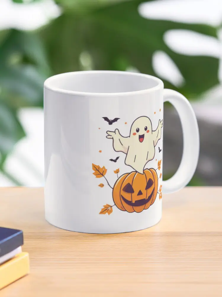 Happy Ghost Rising From Pumpkin Fall Leaves Art