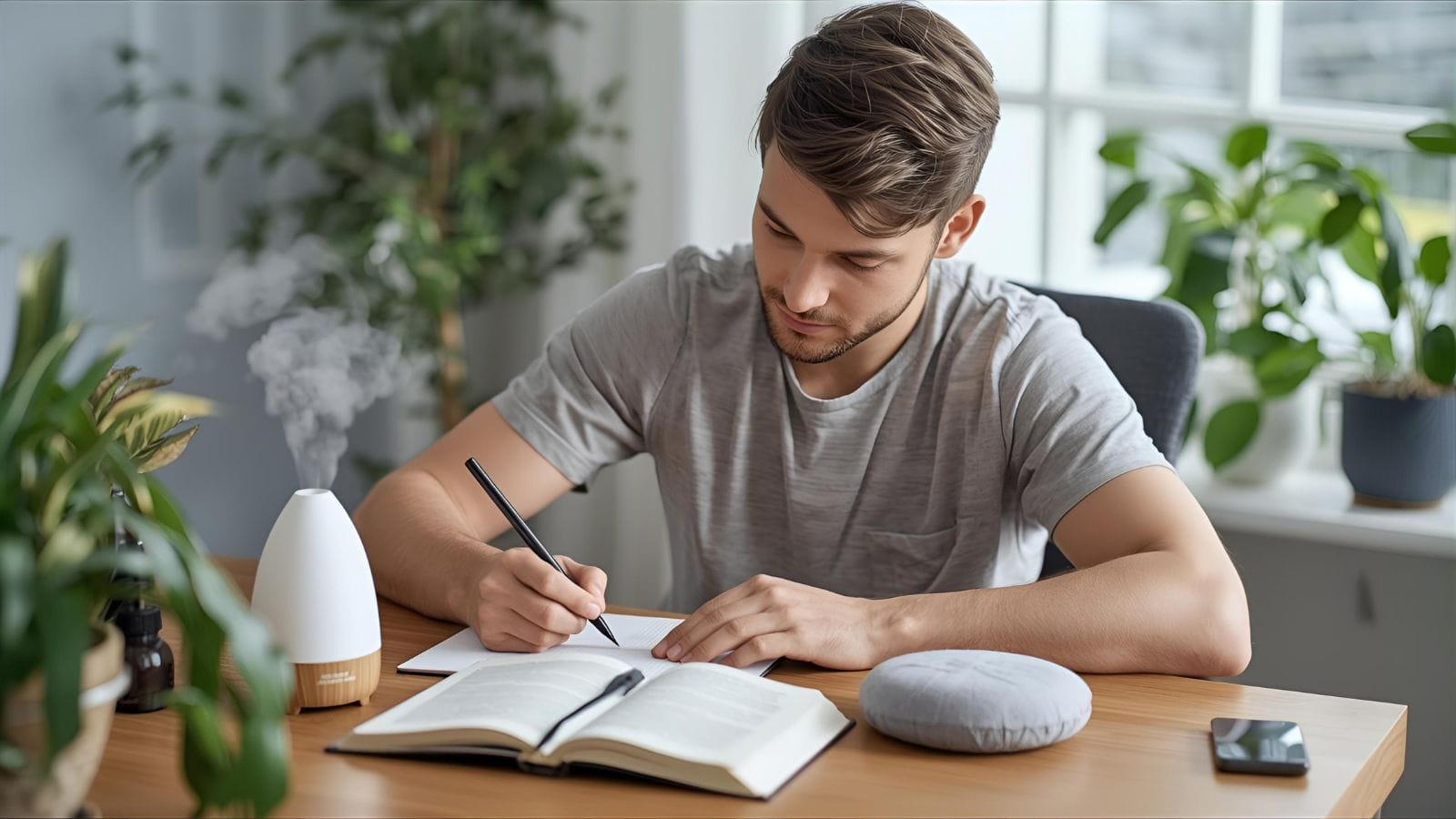 Person using multiple techniques - coloring surrounded by aromatherapy diffuser, journal, and calming elements