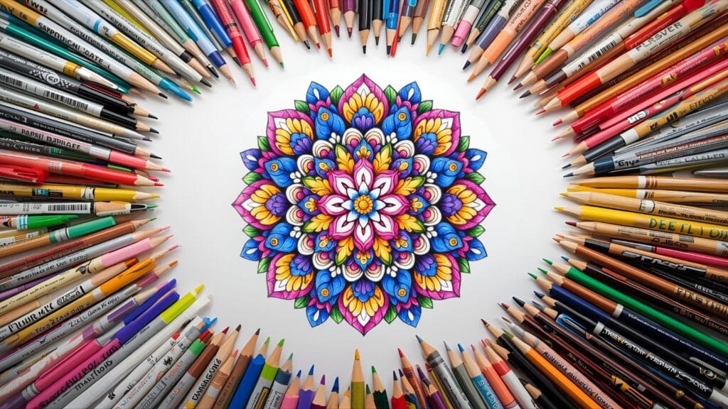 All coloring tools arranged in a circle around a completed mandala