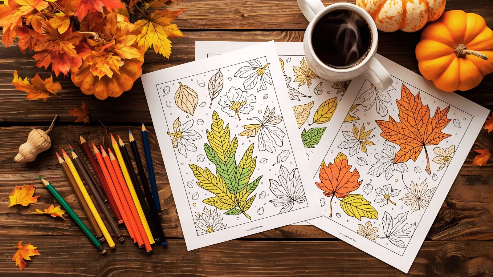 Cozy autumn leaves coloring setup with colored pencils, coffee mug, and finished coloring pages on wooden table with pumpkins