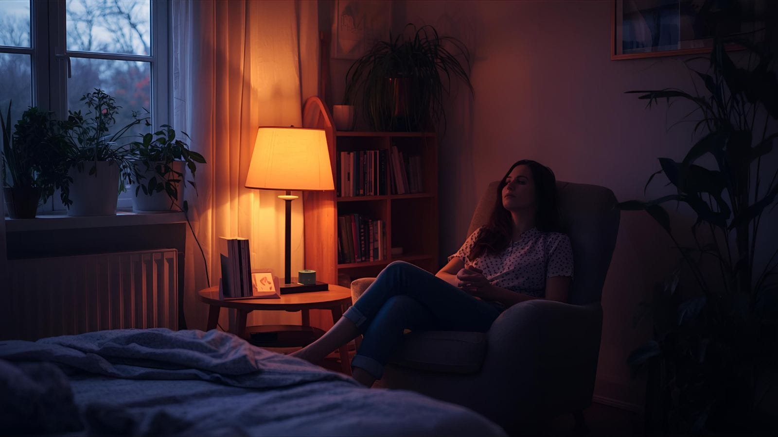 Person peacefully coloring with a soft lamplight in a cozy bedroom setting