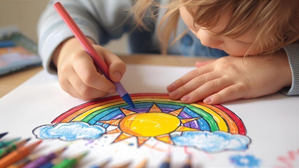 Child using imagination while coloring a rainbow and sun drawing
