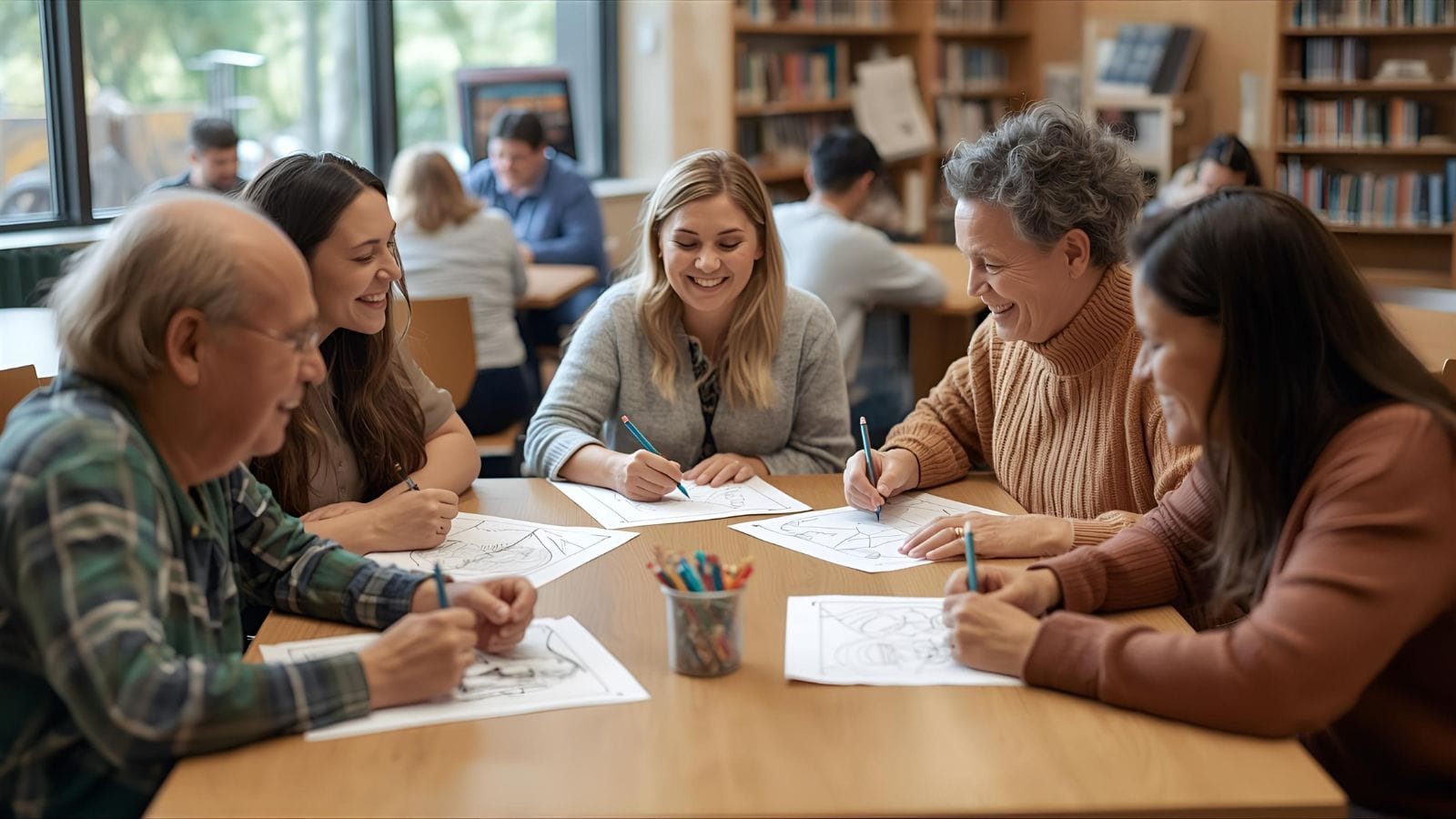 Diverse group of adults sitting around a table, coloring together and sharing conversation.