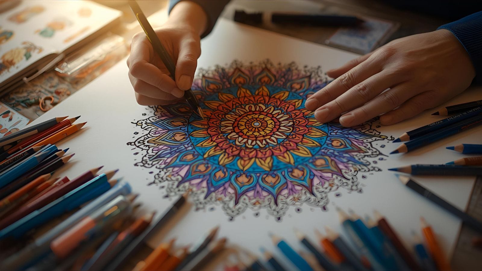 Hands completing a beautiful mandala coloring page, with art supplies scattered around, representing completion and satisfaction.
