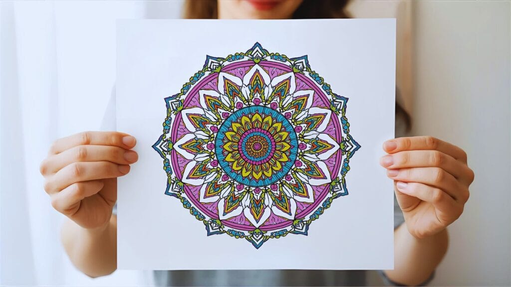 Person smiling after finishing coloring page, relaxed mood