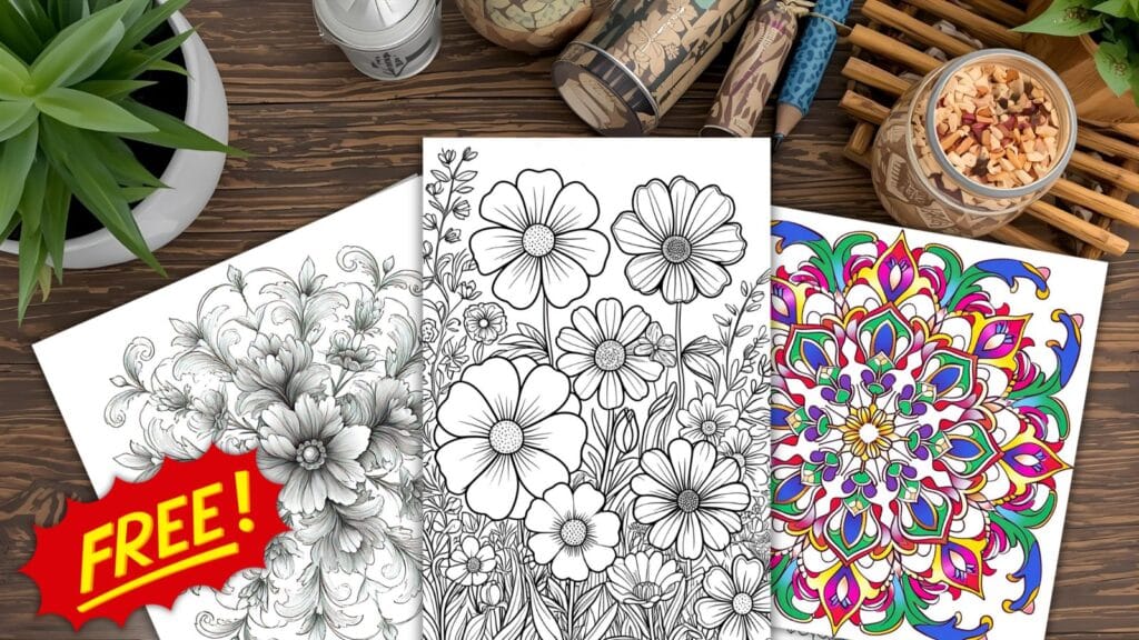 Printable mandala coloring sheets scattered on a desk
