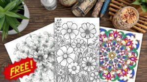 Printable mandala coloring sheets scattered on a desk