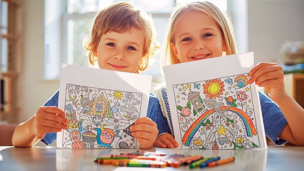 Two happy kids holding up their finished coloring pages with smiles