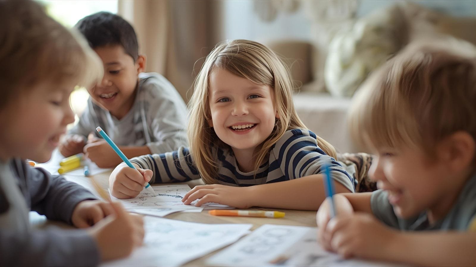 Happy children of different ages sitting around a table coloring various printable pages, showing proper pencil grip and focused concentration, with completed colorful artwork displayed on wall behind them. Children happily coloring free printable pages at home.