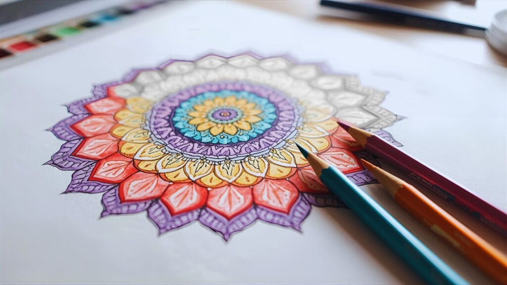 Beautiful mandala coloring page half-colored