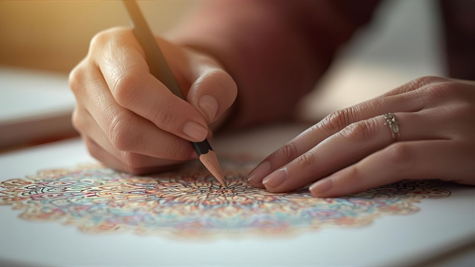Coloring for Stress Relief. Close-up of hands mindfully coloring with focused concentration, zen-like atmosphere.