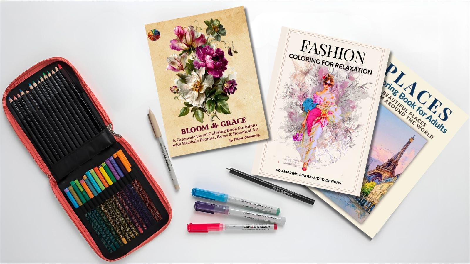 Compact coloring kit with books, pencils, and markers arranged attractively.