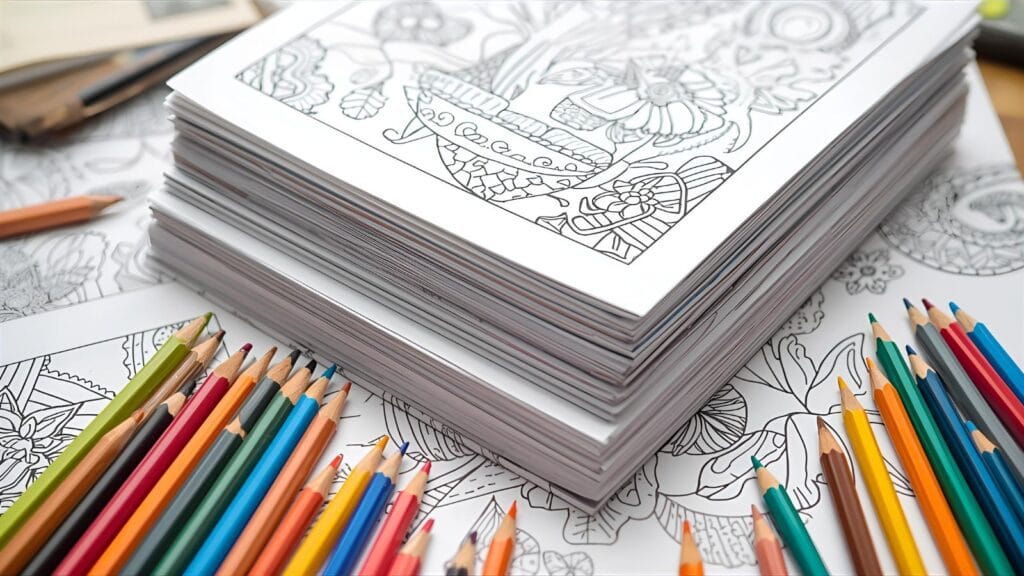 Printable coloring sheets stacked on a desk with pencils beside them
