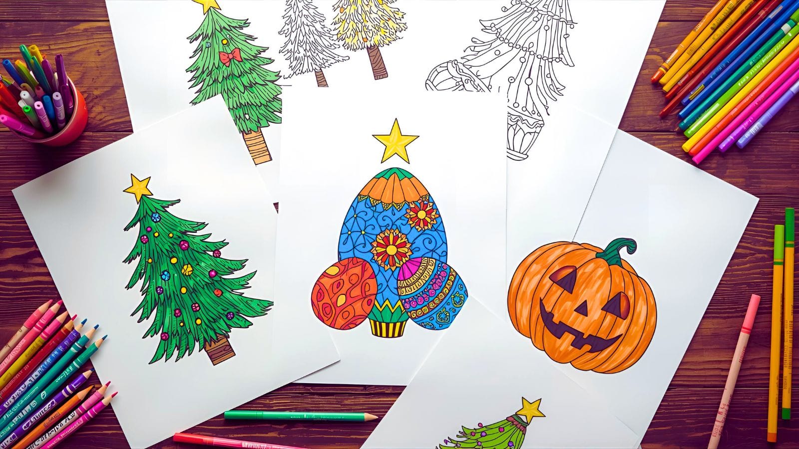 Colorful flat lay of seasonal holiday coloring pages spread on wooden table with Christmas, Halloween, and Easter themed designs, surrounded by colored pencils, markers, and crayons