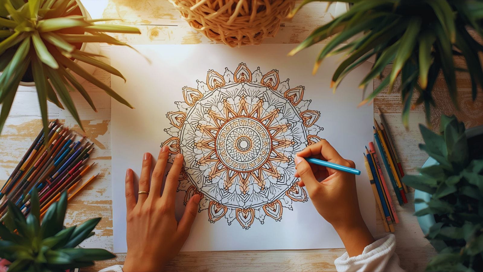 Coloring for Stress Relief. Person peacefully coloring a mandala design with colored pencils, surrounded by calming elements like plants and soft lighting
