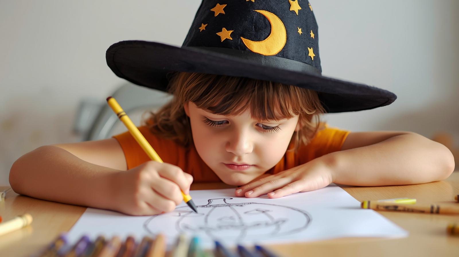 Kid coloring pumpkin on printable Halloween coloring page for last-minute Halloween idea