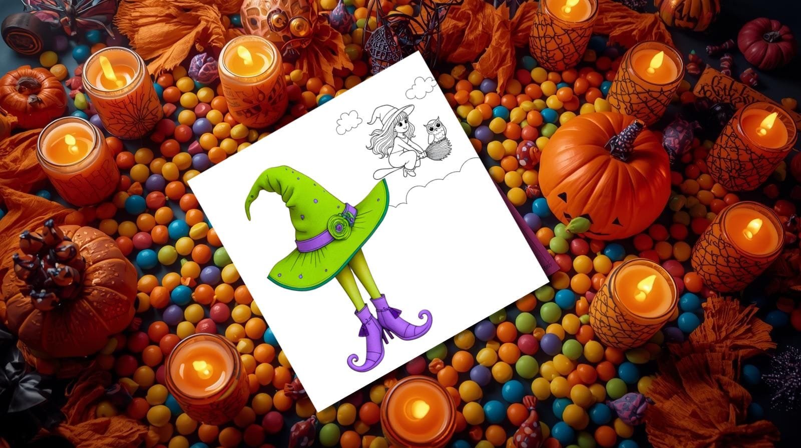 Finished Halloween coloring pages and crafts displayed at kids' Halloween party.